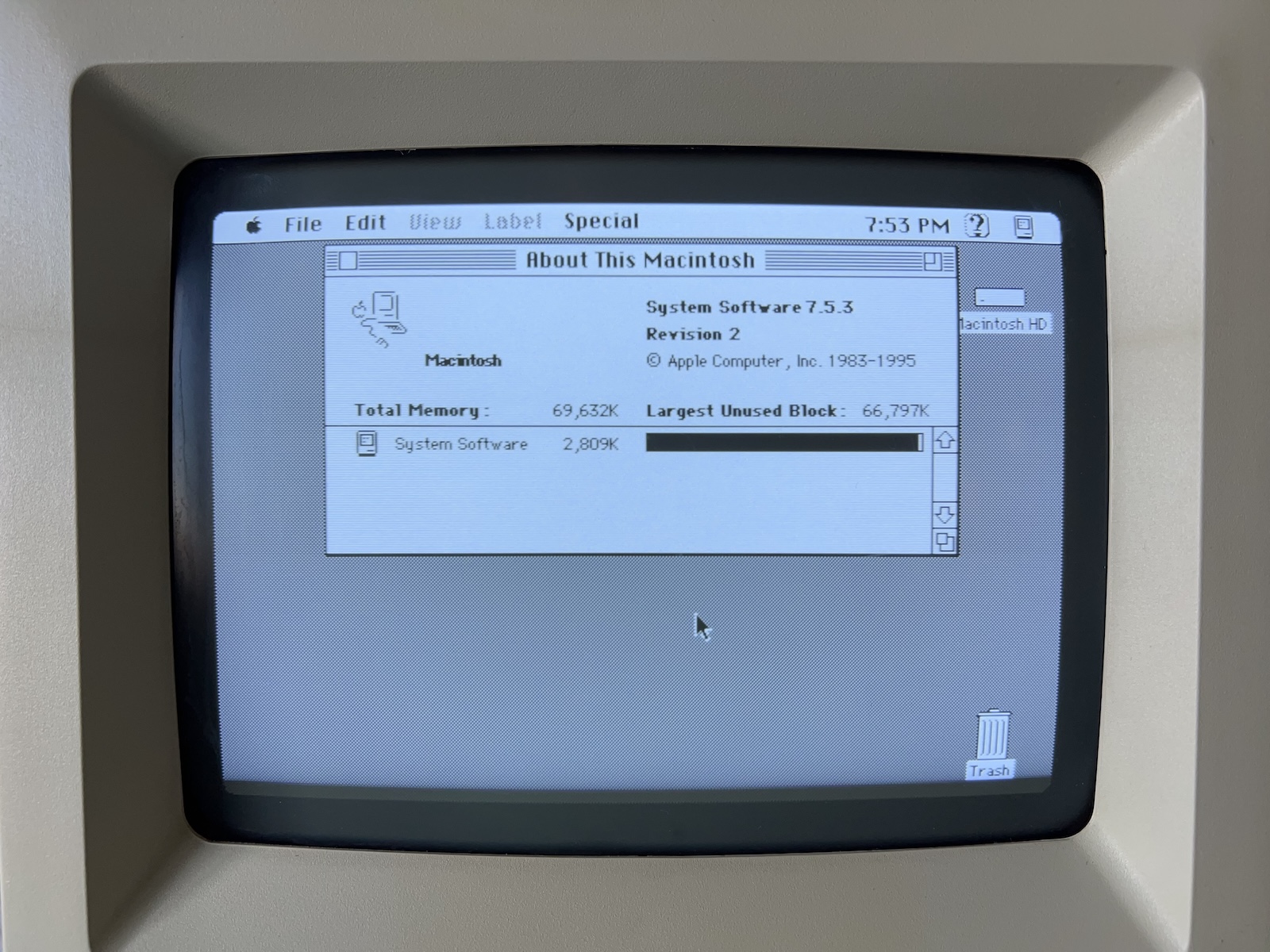 The ‘About This Macintosh’ window, showing System 7.5.3 running with 69MB of RAM.